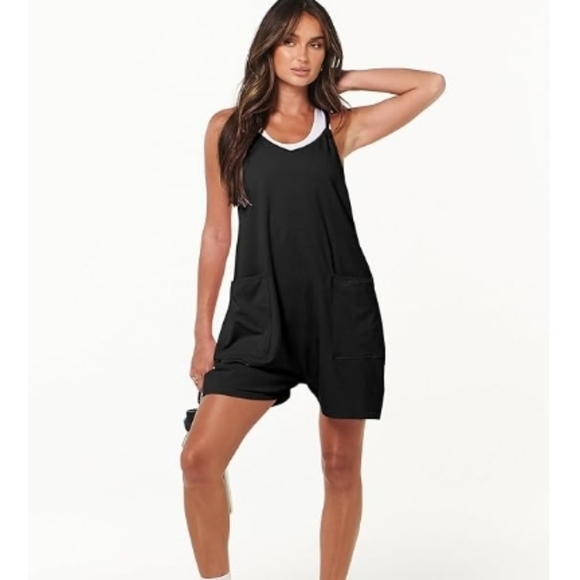 Rompers Casual Loose Sleeveless Overalls Spaghetti Strap Jumpsuit Black - Picture 6 of 6